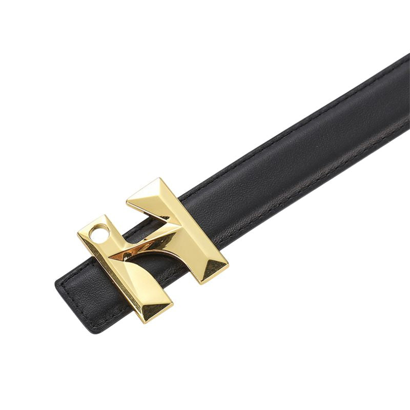 Ceinture femme Vénusté en cuir noir avec boucle dorée en forme de H