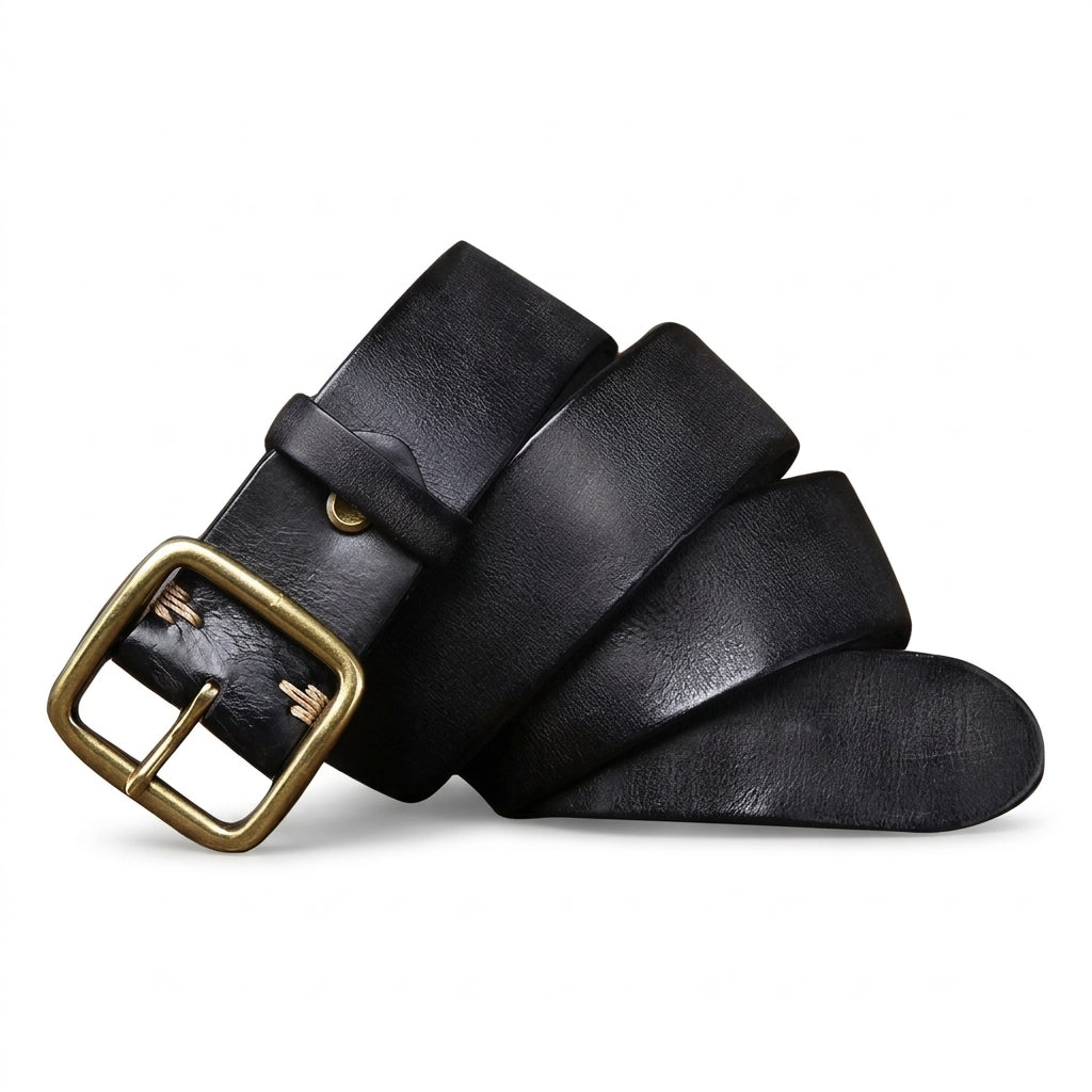 Ceinture pour homme Verneuil en cuir pleine fleur noir avec boucle ardillon rectangulaire en cuivre massif finition bronze antique