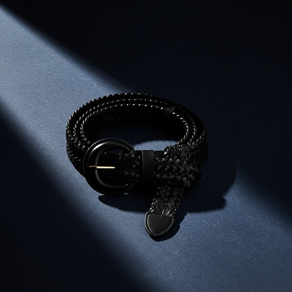 Ceinture femme Véronique noire en cuir tressé avec boucle ardillon demi-lune dorée et finition daim. Largeur > 4cm, ajustable manuellement. #fullwidth