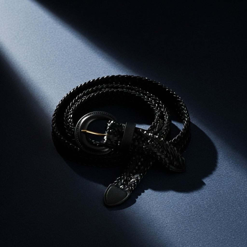 Ceinture noire Véronique tressée en cuir daim, largeur 4cm, boucle ardillon dorée demi-lune. Ajustable manuellement sur 110cm. #fullwidth