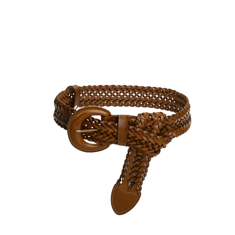 Ceinture femme Véronique en cuir marron tressé avec une boucle ardillon demi-lune dorée. Largeur > 4cm, ajustable manuellement sur 110cm.