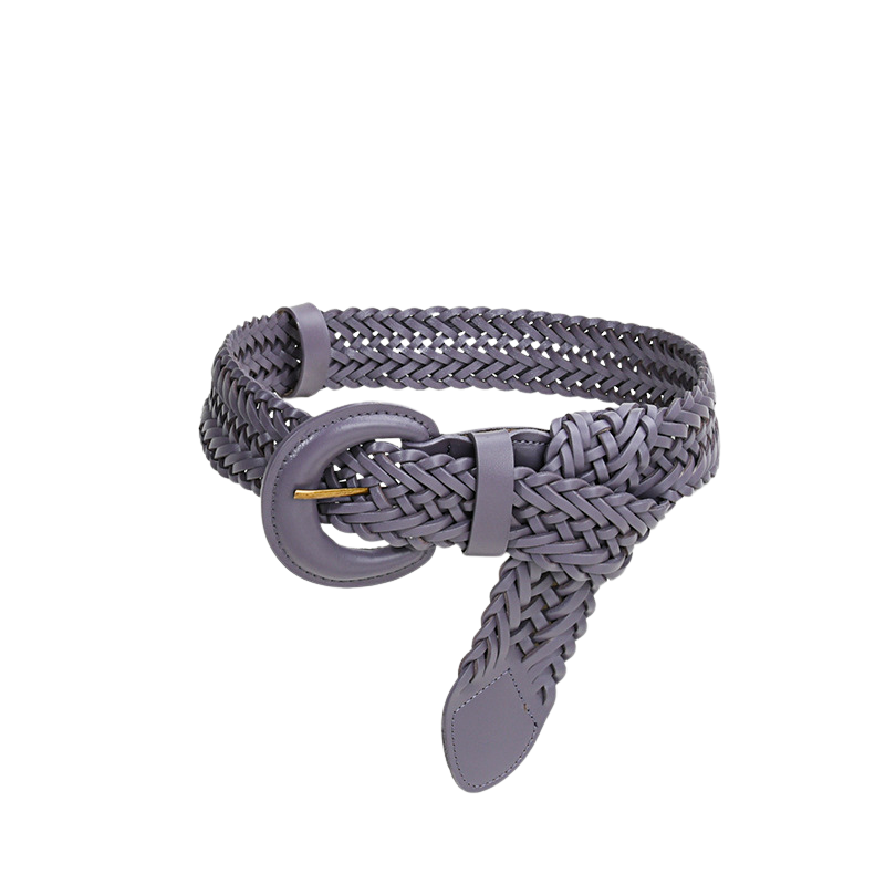 Ceinture femme Véronique en cuir tressé violet, avec boucle ardillon demi-lune dorée et finition daim. Largeur > 4cm, longueur 110cm.