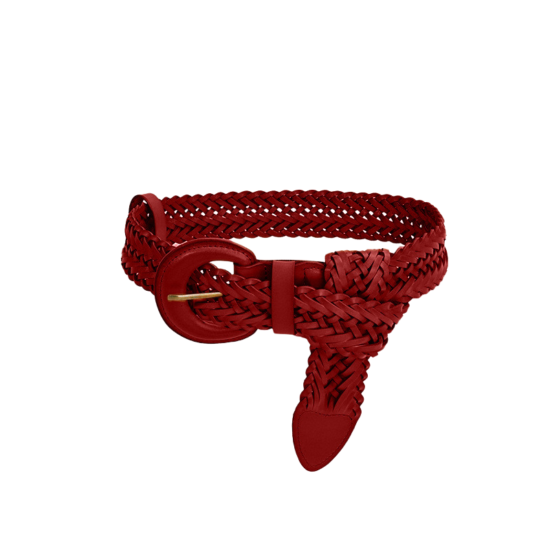 Ceinture femme Véronique rouge tressée avec boucle demi-lune dorée, largeur plus de 4 cm, ajustable manuellement, en cuir de vachette refendu et traité daim.