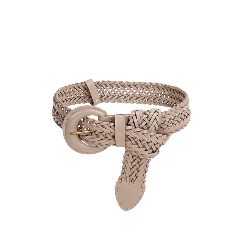 Ceinture femme Véronique en cuir tressé beige avec boucle demi-lune dorée et finition daim.