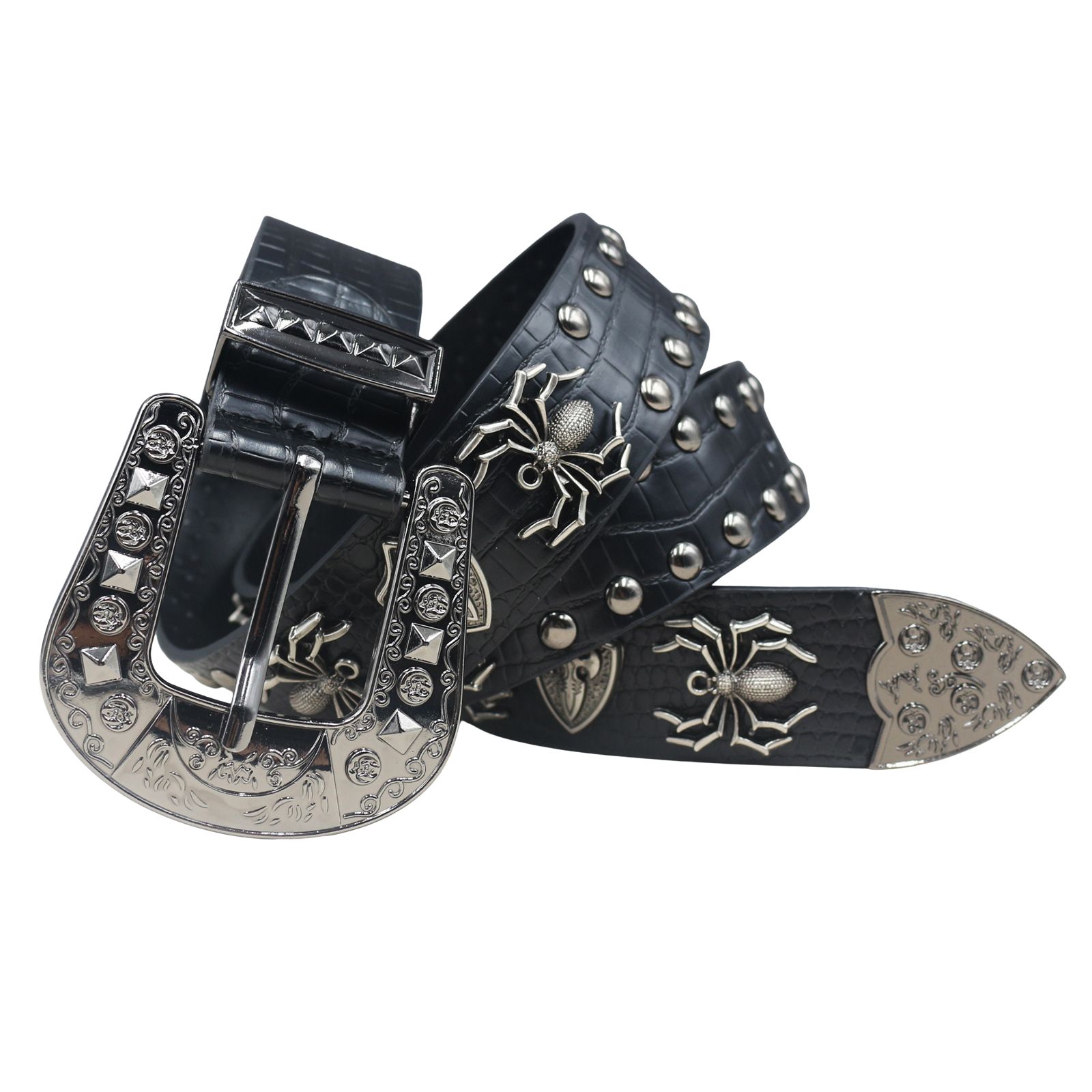 Ceinture Vesper pour homme en simili noir, style punk western, avec lanière à effet crocodile cloutée, boucle ardillon argentée ornée d'araignées et embout métallique décoratif.