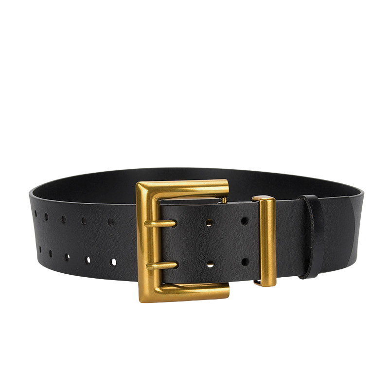 Ceinture Victoire noire en cuir lisse avec double boucle ardillon dorée, style corset.