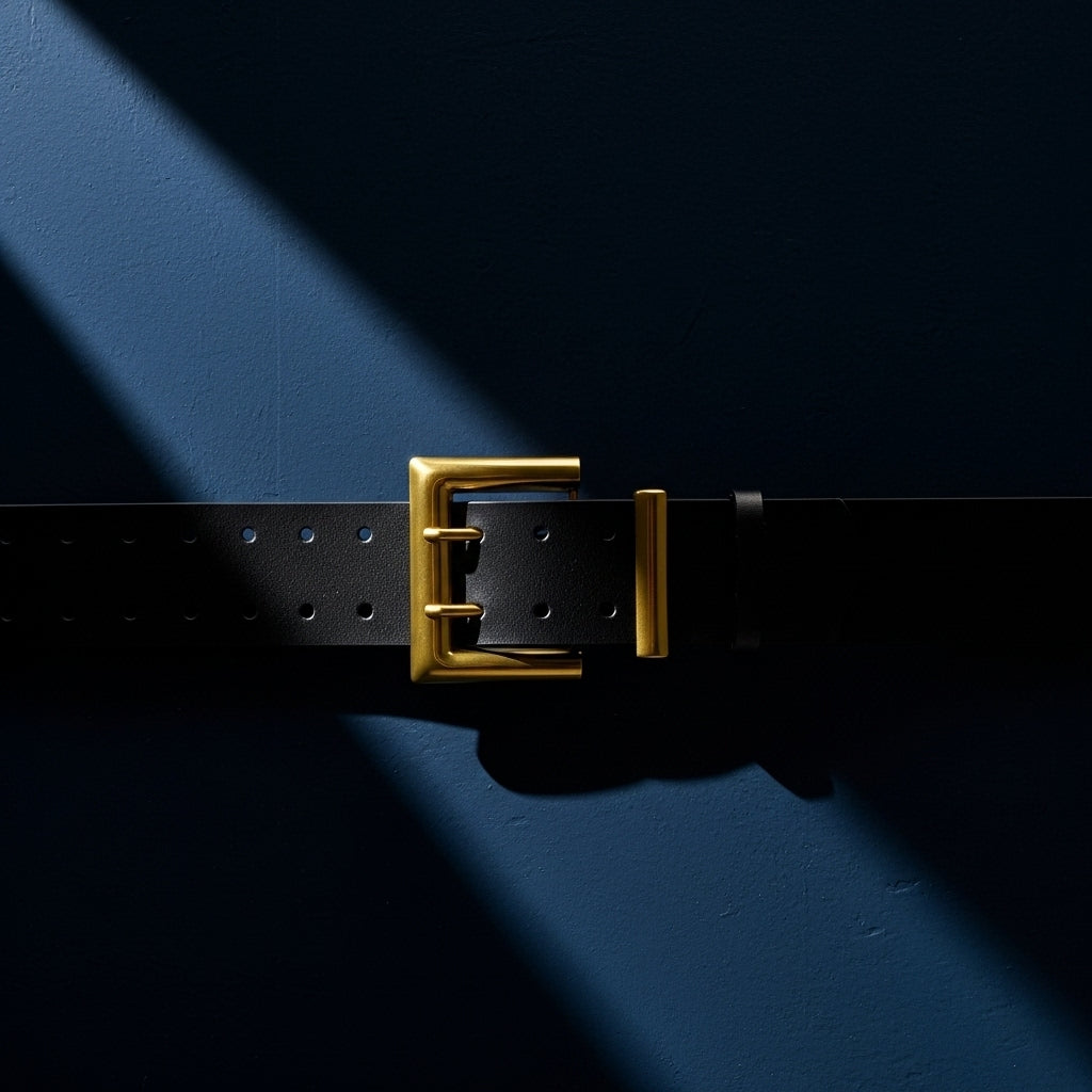 Ceinture large noire en cuir de vachette lisse Victoire avec une boucle double ardillon dorée et un passant, sur fond bleu avec éclairage. #fullwidth