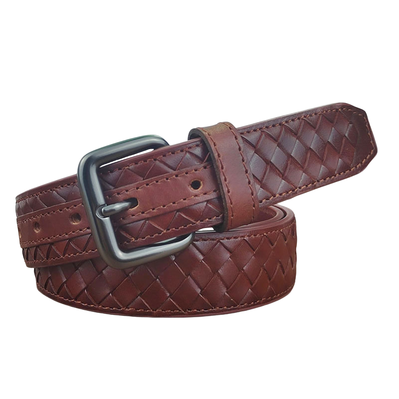 Ceinture Victor Zen marron tressée en cuir de vachette pleine fleur avec boucle ardillon carrée argentée.