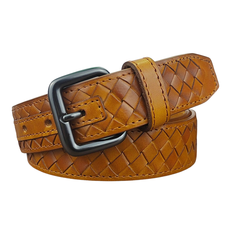 Ceinture homme Victor Zen en cuir tressé couleur camel avec boucle ardillon argentée