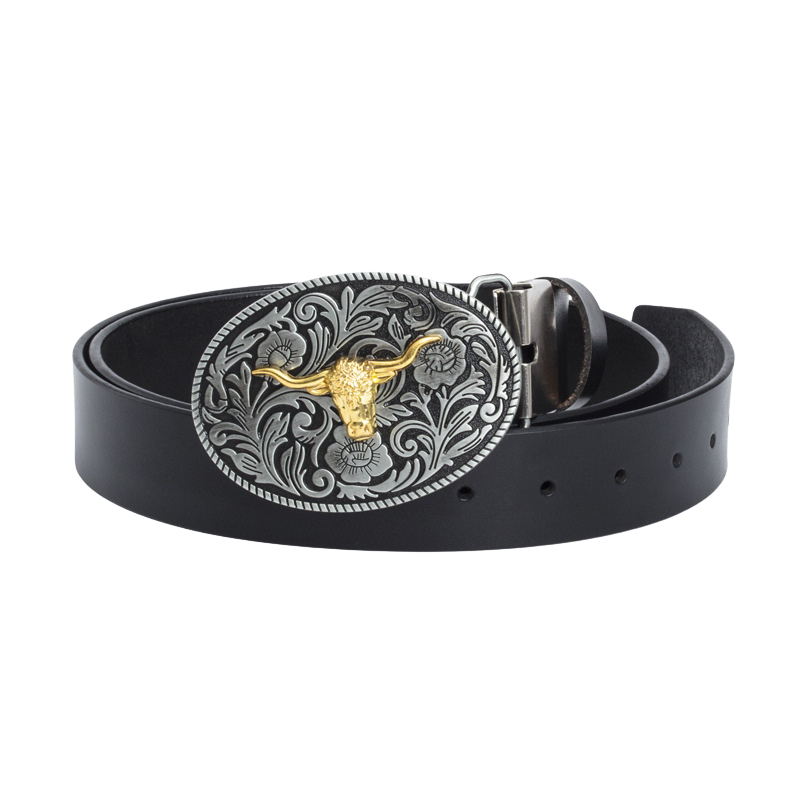Ceinture pour homme Victorine 1 en cuir noir avec une boucle ovale argentée ornée d'une tête de taureau dorée et de motifs floraux