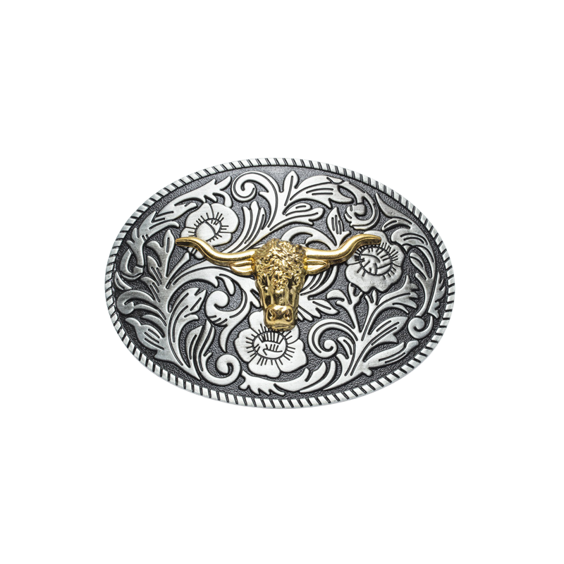 Boucle de ceinture ovale style western Victorine 1 pour homme, avec tête de taureau dorée et motifs floraux argentés gravés