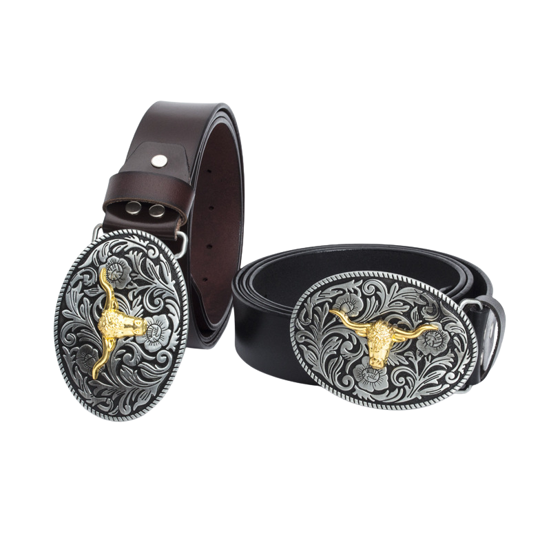 Ceinture Victorine 1 pour homme en cuir marron et noir avec boucle ovale argentée et dorée ornée d'un motif tête de taureau et de fleurs.