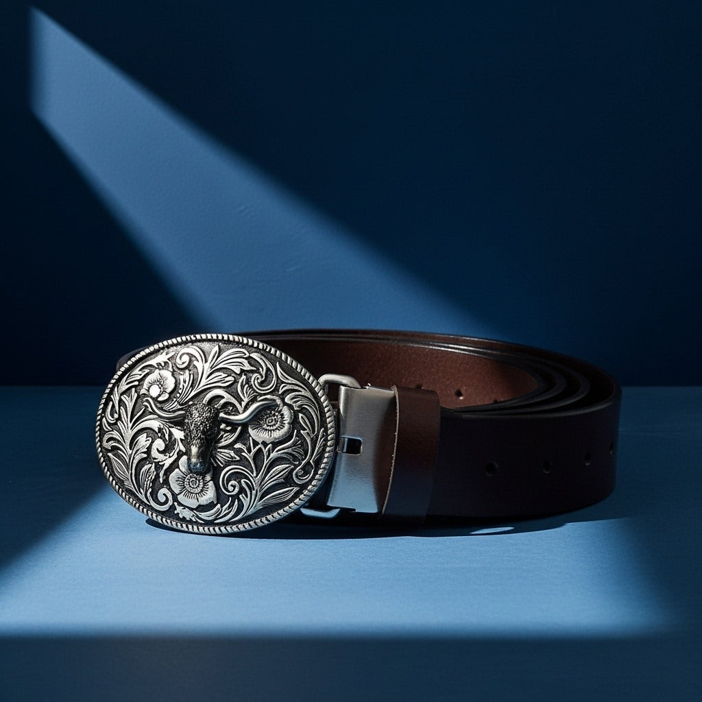 Ceinture Victorine 2 pour homme en cuir refendu marron avec une boucle ovale argentée ornée d'une tête de taureau et de motifs floraux, style western #fullwidth