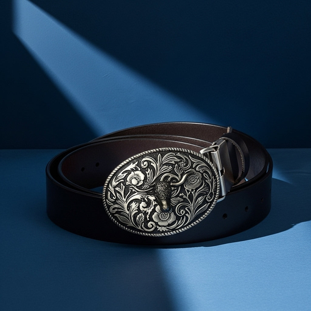 Ceinture pour homme Victorine 2 en cuir refendu lisse marron avec une boucle ovale argentée ornée d'une tête de taureau et de motifs floraux. #fullwidth