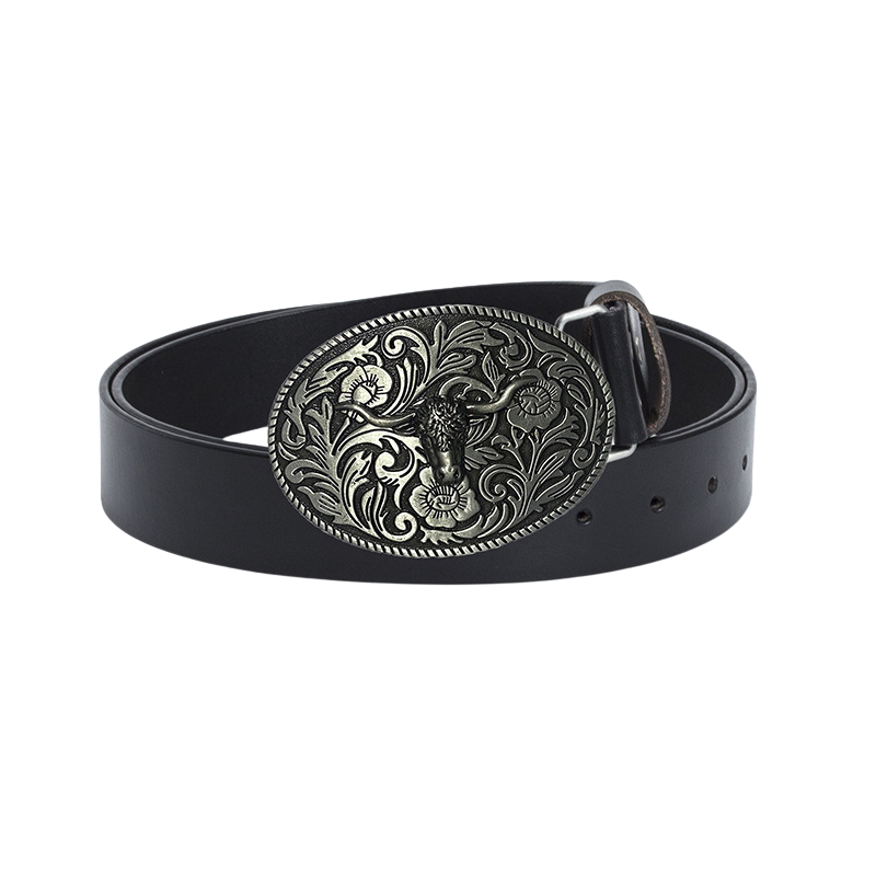 Ceinture pour homme Victorine 2 en cuir noir avec une boucle ovale argentée ornée d'une tête de taureau et de motifs floraux style western.