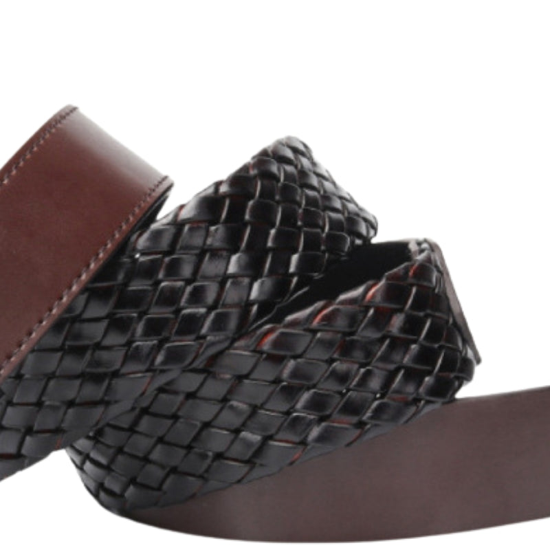 Ceinture Villon tressée en croûte de cuir de vachette noire et marron, largeur 3 cm, avec boucle rectangulaire réversible.