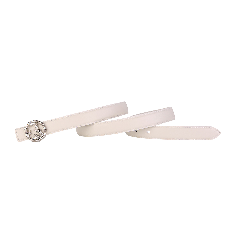 Ceinture femme Violette en cuir blanc avec boucle ronde argentée ornée d'un motif feuille.