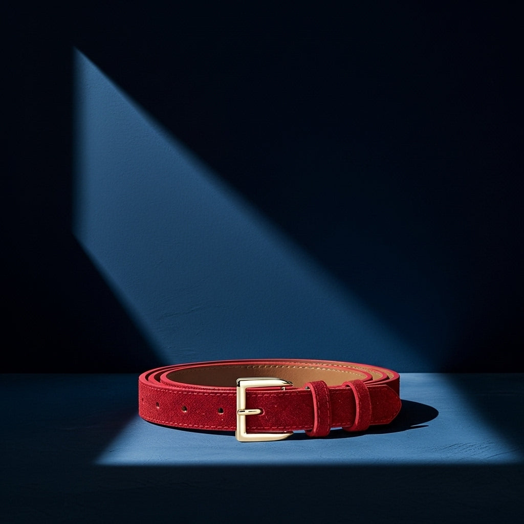 Ceinture femme Virtuose rouge en daim avec boucle rectangulaire dorée, style vintage #fullwidth
