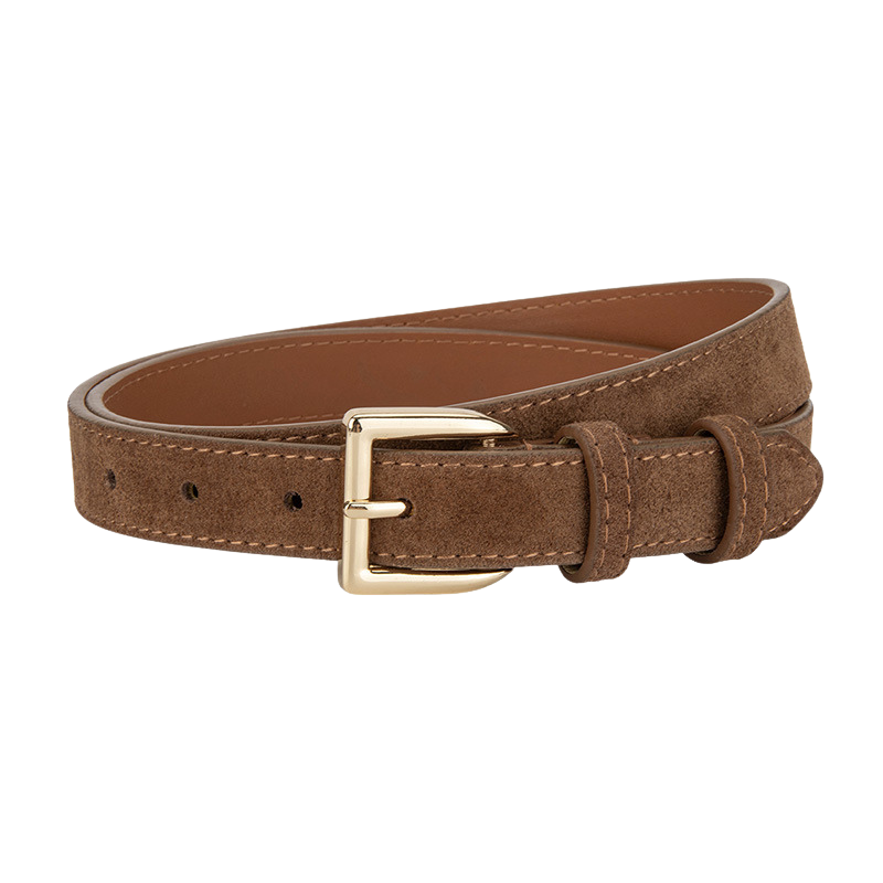Ceinture femme Virtuose en cuir de vachette marron finition daim avec boucle dorée rectangulaire