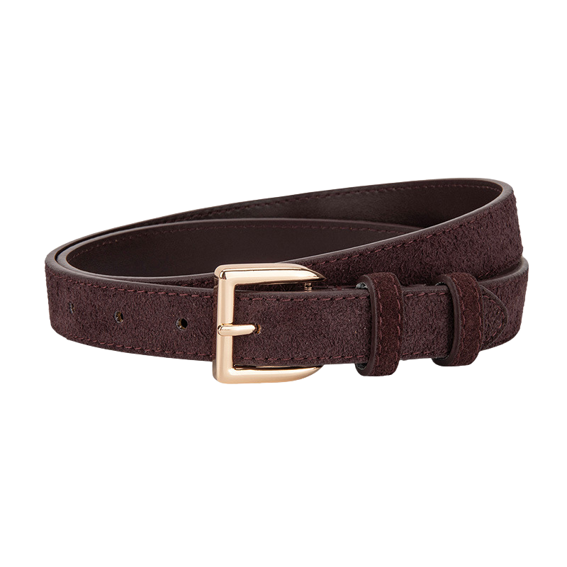Ceinture femme Virtuose marron en cuir de vachette refendu avec boucle rectangulaire dorée.