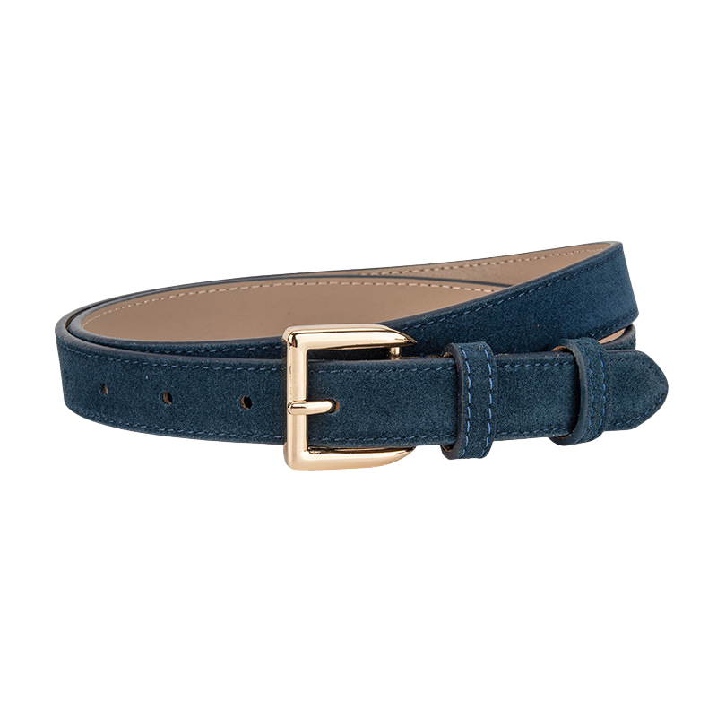 Ceinture femme Virtuose en cuir de vachette bleu avec finition daim et boucle rectangulaire dorée.