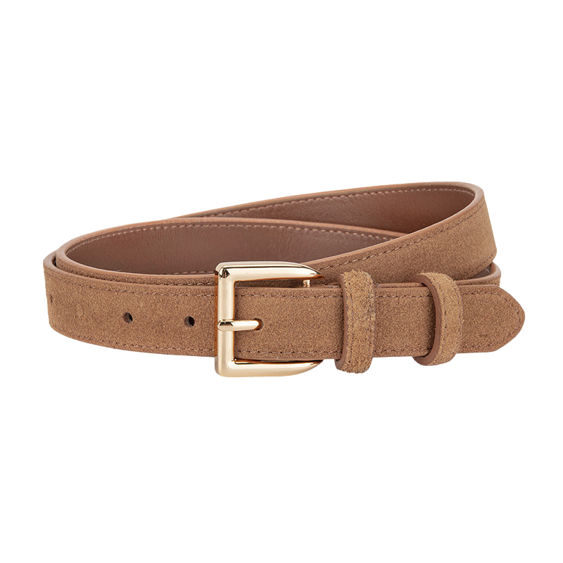 Ceinture femme Virtuose en cuir de vachette refendu marron clair aspect daim, avec boucle rectangulaire dorée.