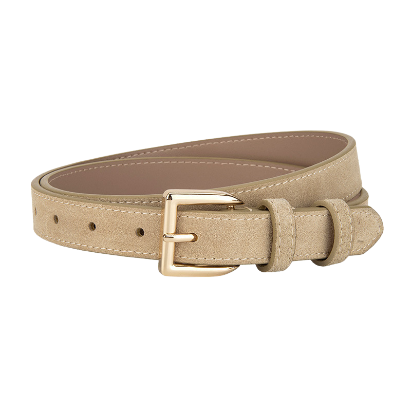 Ceinture femme Virtuose en cuir de vachette refendu beige avec finition daim et boucle rectangulaire dorée.