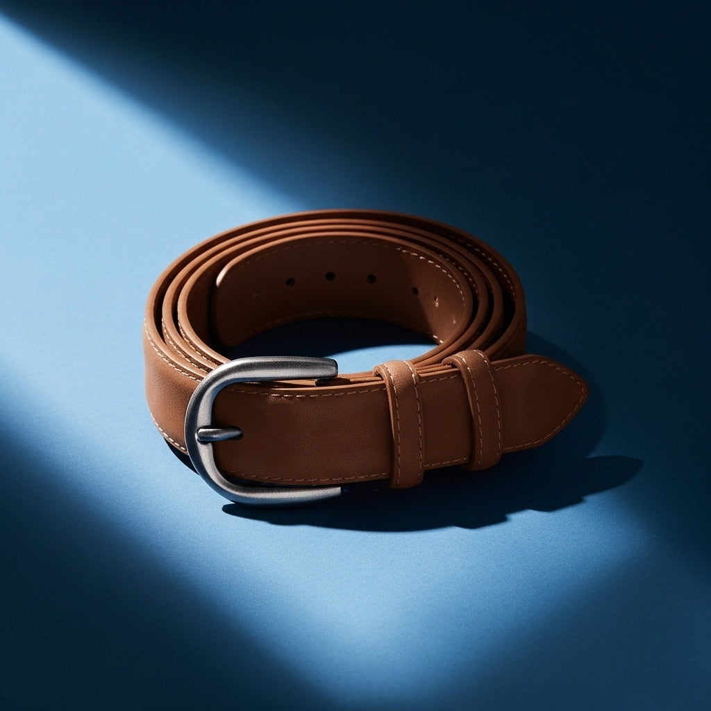 Ceinture Volage pour femme en cuir suédé marron avec boucle arrondie argentée mate et surpiqûres artisanales sur fond bleu. #fullwidth