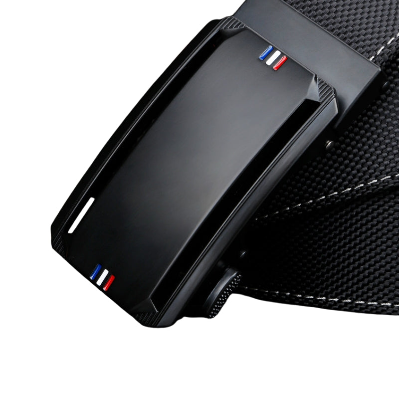 Ceinture homme Voltaire Noir avec boucle rectangulaire automatique en alliage noir et détails tricolores, tissu noir double face imprimé. #fullwidth