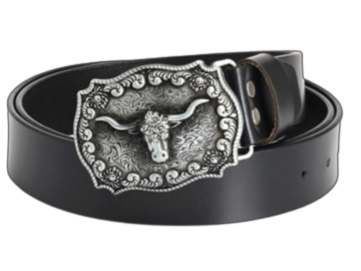 Ceinture homme Voltige 1 en cuir noir avec une boucle argentée imposante représentant une tête de taureau ornée de motifs floraux, style western.