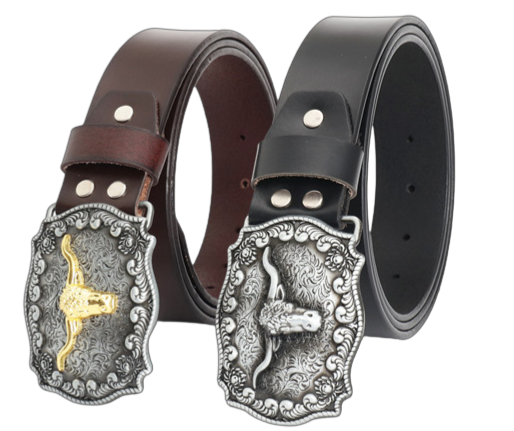 Ceinture homme Voltige 1 avec boucle western ornée d'une tête de taureau dorée sur fond floral argenté, disponible en cuir noir ou marron.