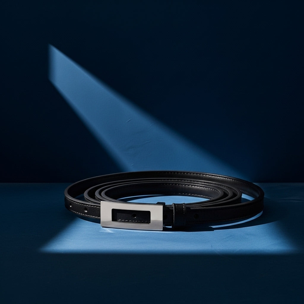 Ceinture fine Wanda en cuir noir avec une boucle rectangulaire argentée à finition évidée, posée sur un fond bleu uni #fullwidth