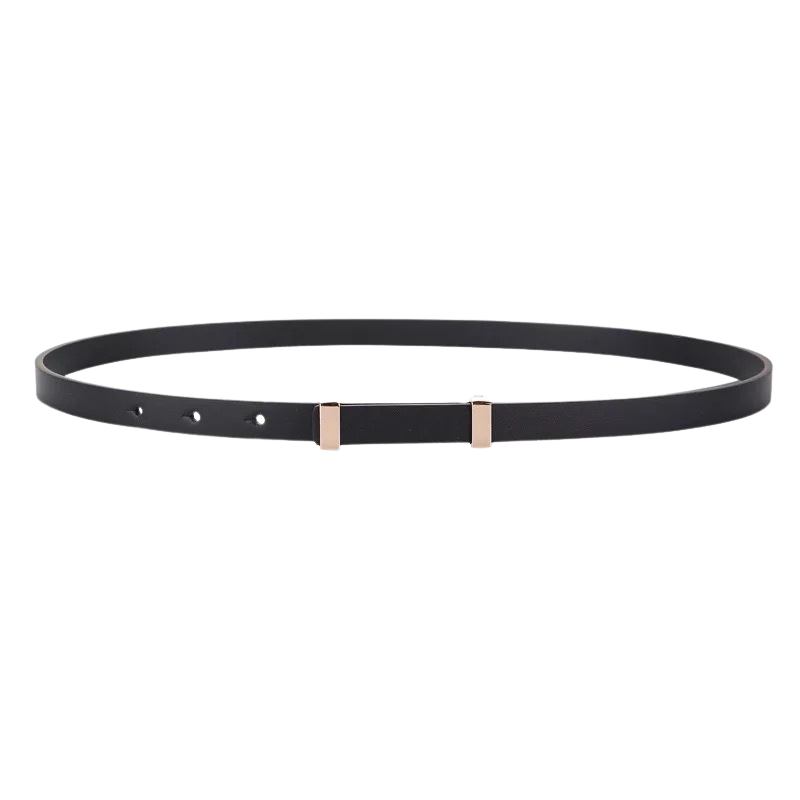 Ceinture fine noire en cuir nubuck pour femme, modèle Whisper, avec boucle rectangle plat dorée et fermeture discrète.