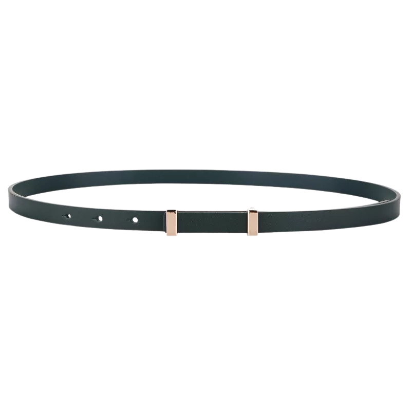 Ceinture fine pour femme Whisper en cuir nubuck vert foncé avec boucle rectangulaire dorée, largeur 1,4 cm.
