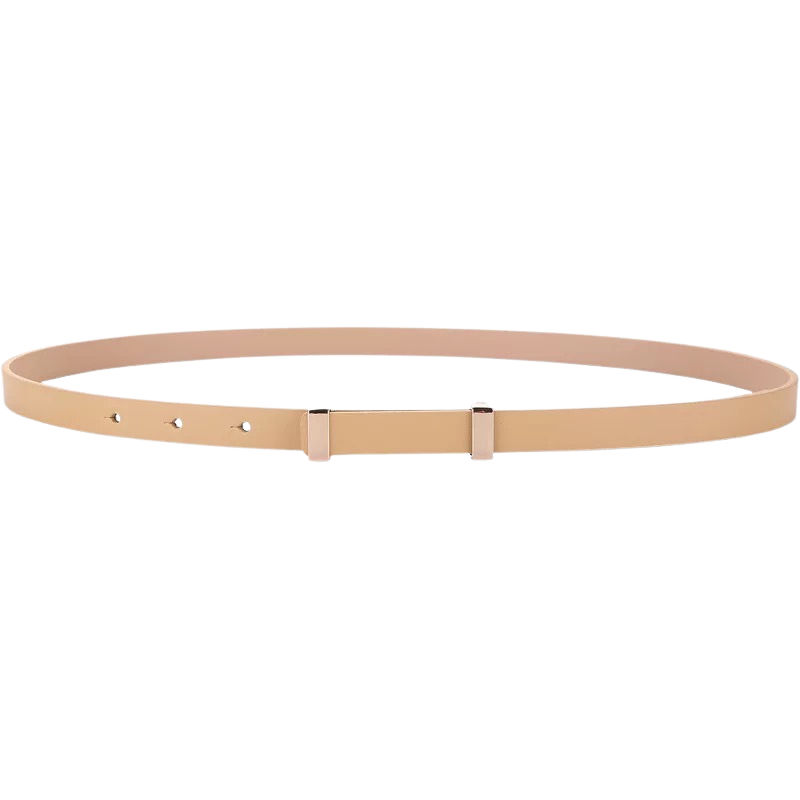 Ceinture fine pour femme Whisper en cuir nubuck beige avec boucle rectangulaire dorée discrète.