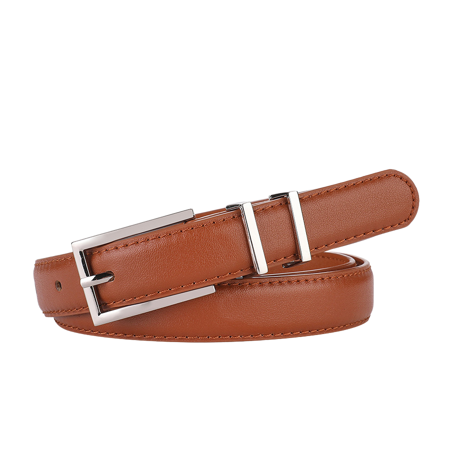 Ceinture fine Wilhelmine en cuir marron clair avec boucle ardillon rectangulaire argentée et passants assortis.