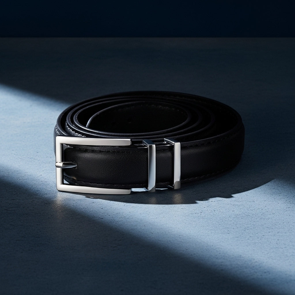 Ceinture femme Wilhelmine noire en cuir de vachette refendu, avec une boucle ardillon rectangulaire argentée. #fullwidth
