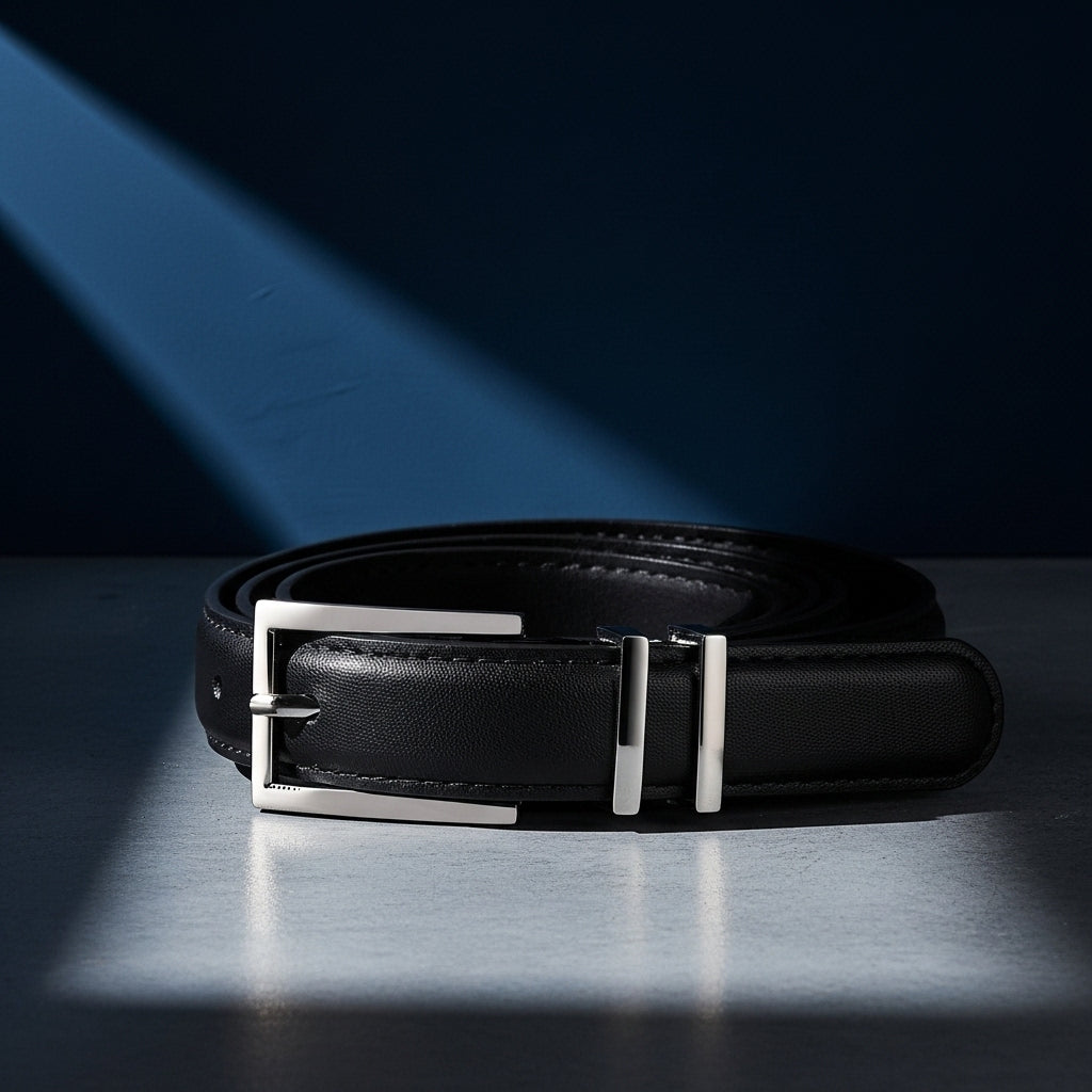 Ceinture femme Wilhelmine en cuir noir avec boucle argentée rectangulaire #fullwidth