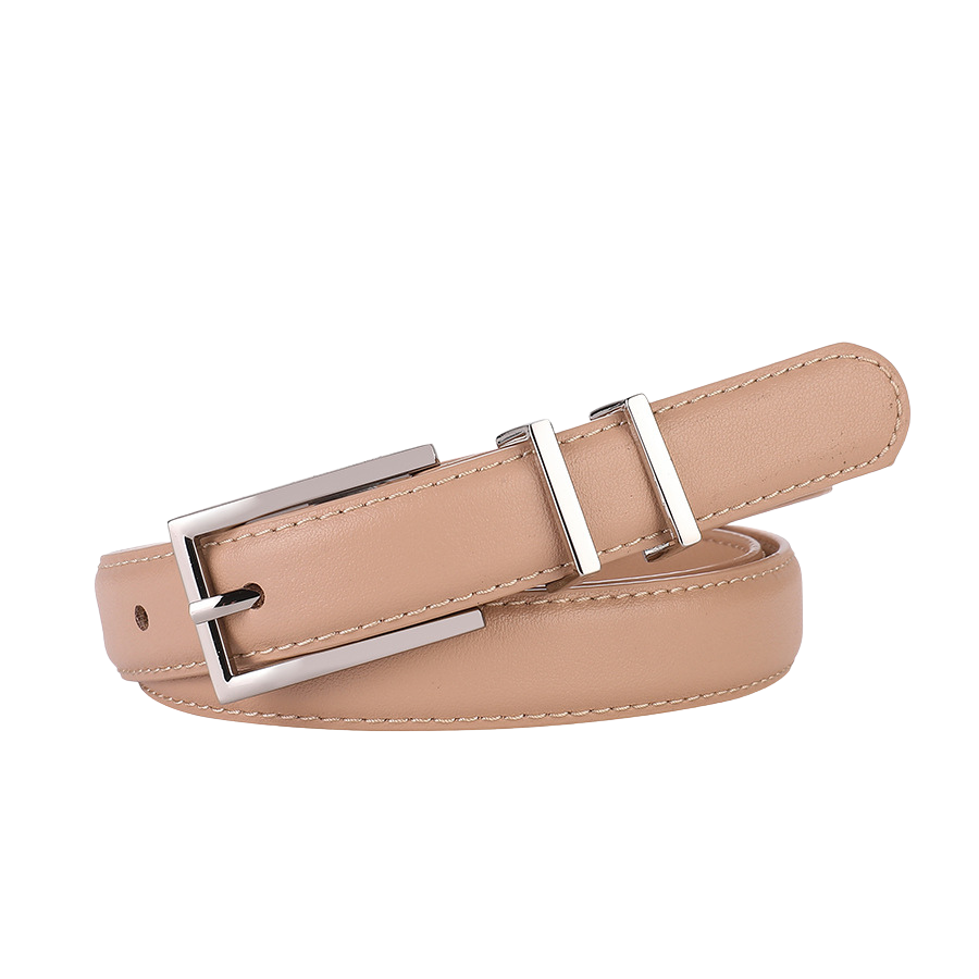 Ceinture fine Wilhelmine beige en cuir de vachette avec boucle ardillon rectangulaire argentée.
