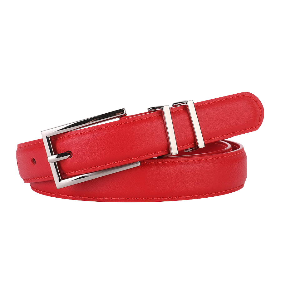 Ceinture Wilhelmine rouge en cuir de vachette refendu avec boucle rectangulaire argentée.