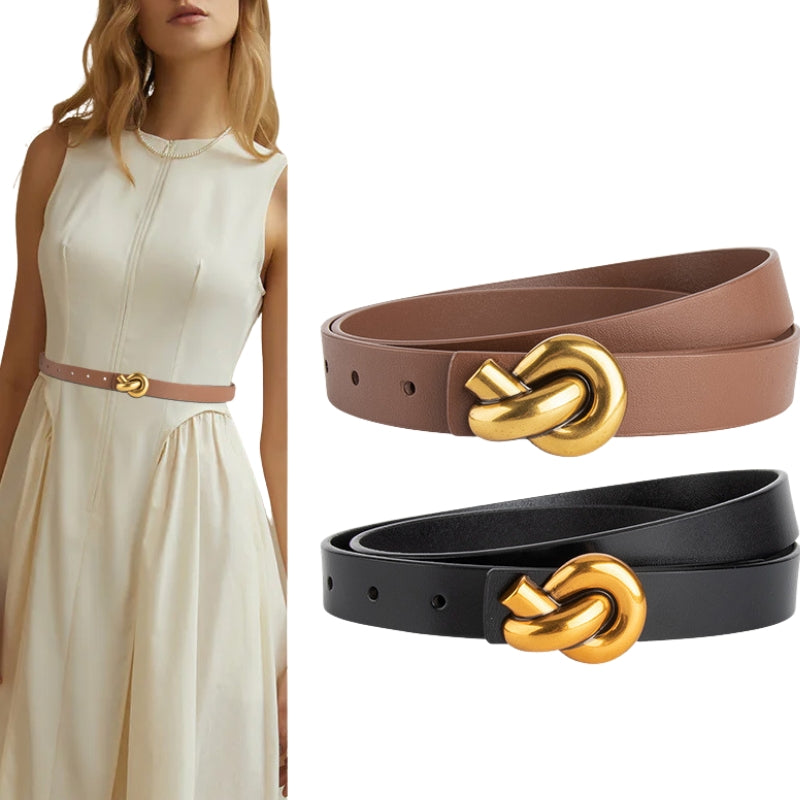 Ceinture femme Yasmine en cuir lisse huilé, disponible en marron et noir, avec une boucle décorative en alliage doré sans ardillon. Montrée portée sur une robe beige et seule sur fond blanc.