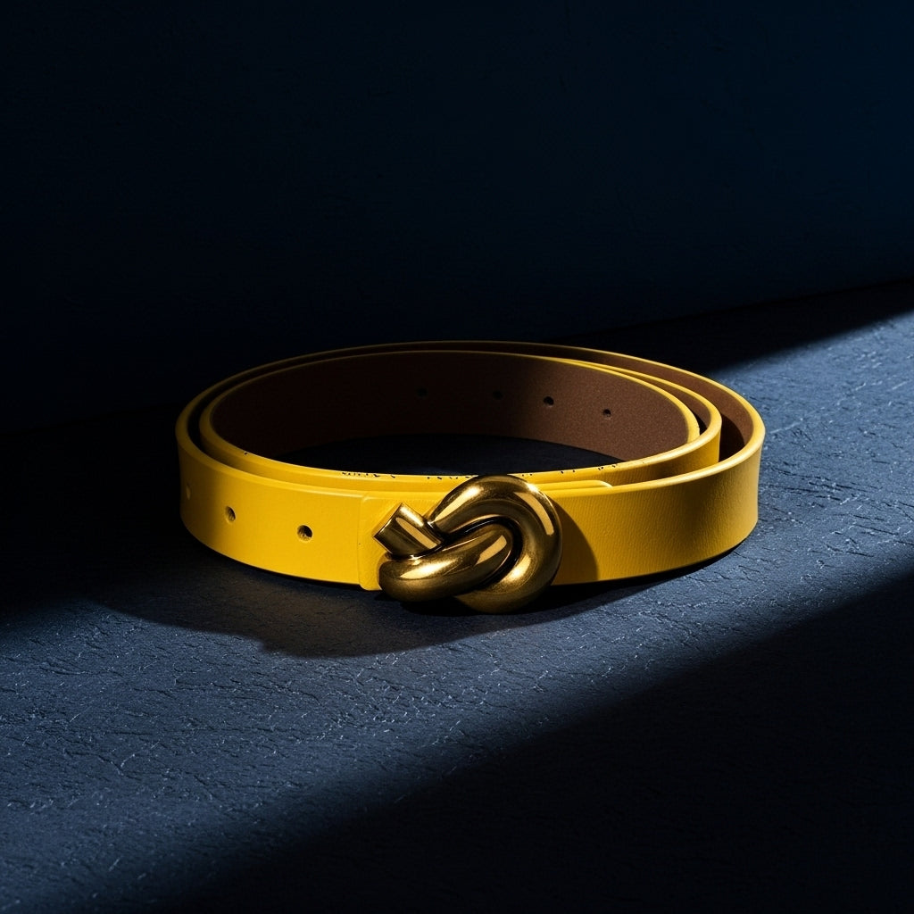 Ceinture femme Yasmine jaune en cuir refendu avec boucle nœud décorative en alliage doré #fullwidth