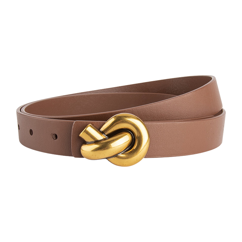 Ceinture femme Yasmine en cuir marron avec boucle nœud décorative dorée