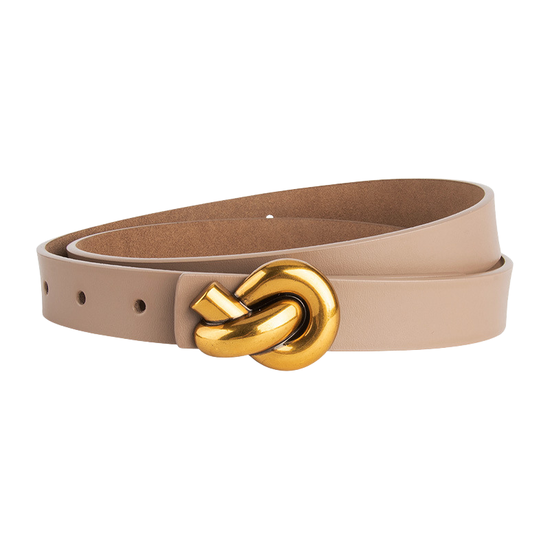 Ceinture femme Yasmine beige en cuir refendu lisse avec boucle nœud décorative en alliage doré, sans ardillon.