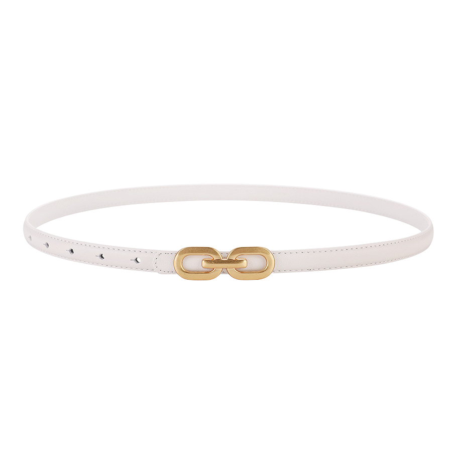 Ceinture fine blanche Ysaline en cuir pleine fleur avec boucle dorée décorative à maillons ovales.