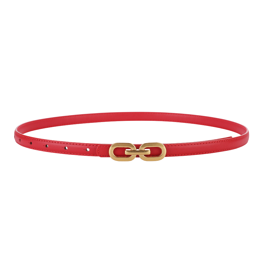 Ceinture Ysaline rouge en cuir avec boucle dorée décorative en forme de maillons ovales.