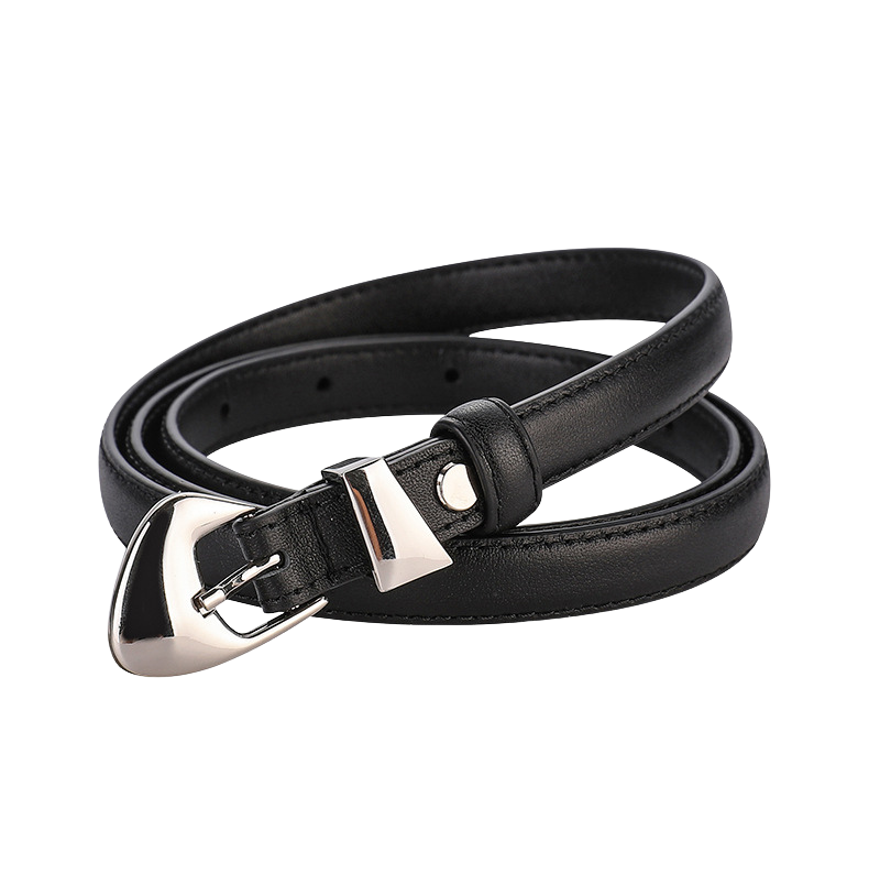 Ceinture fine Ysée en cuir noir avec boucle argentée à ardillon