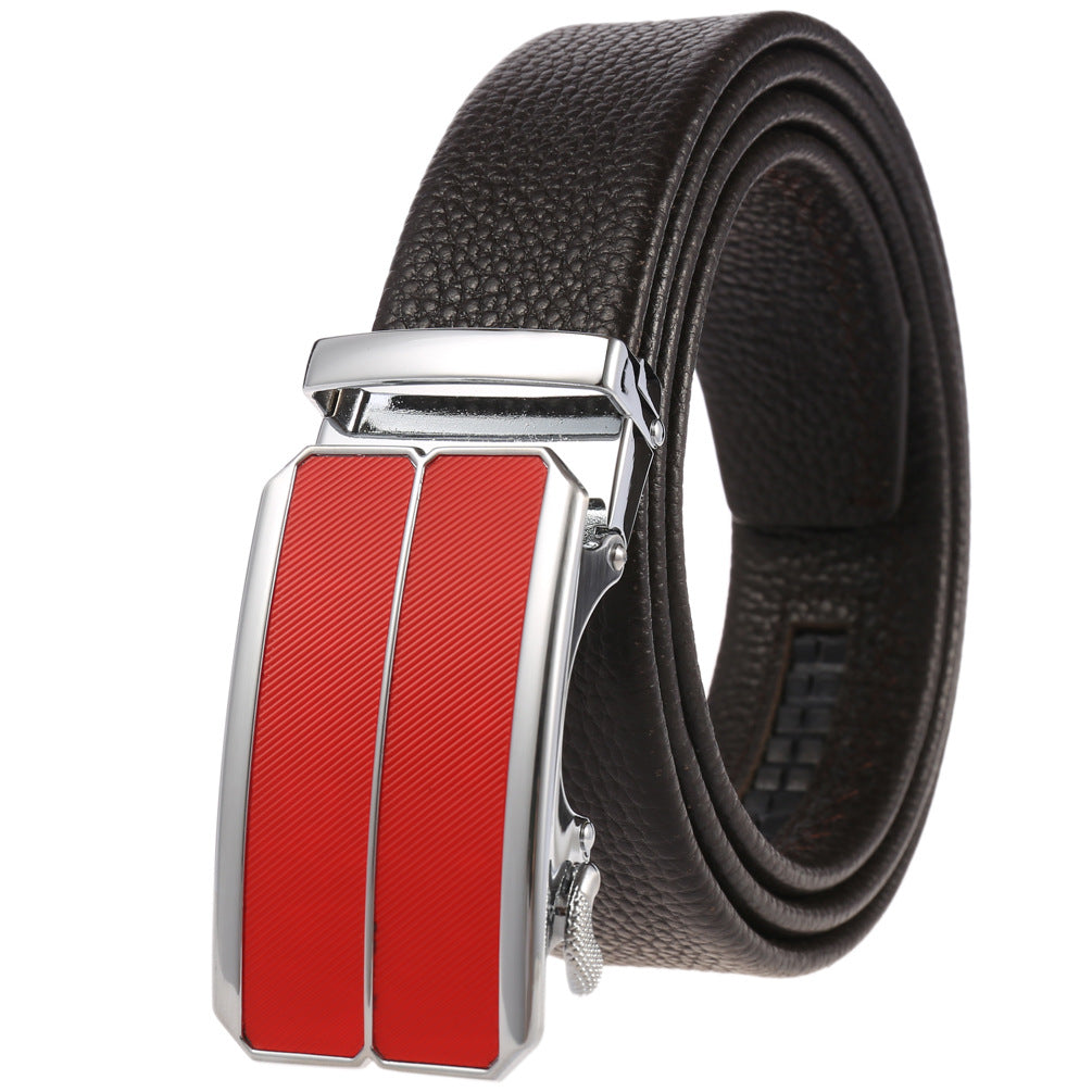 Ceinture Yves en cuir marron avec boucle automatique argentée et insert rouge texturé