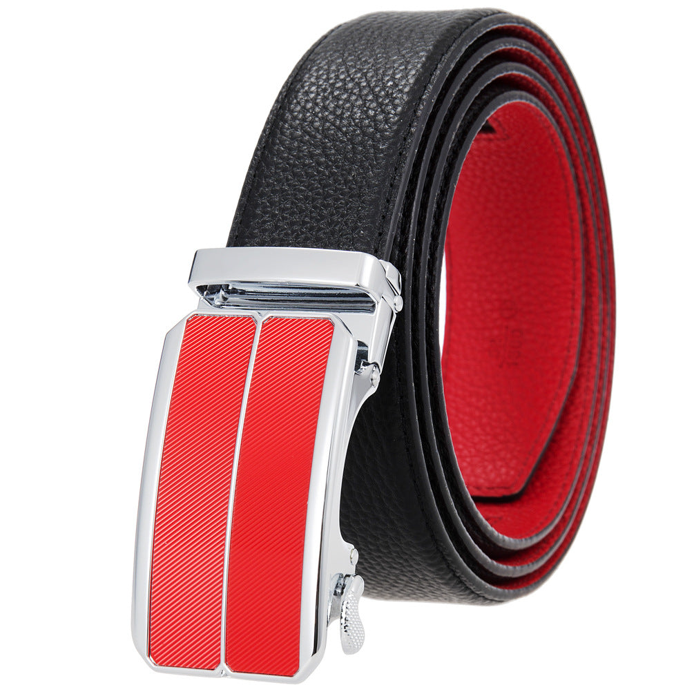 Ceinture Yves homme en cuir noir et rouge avec boucle automatique argentée et détails texturés rouges
