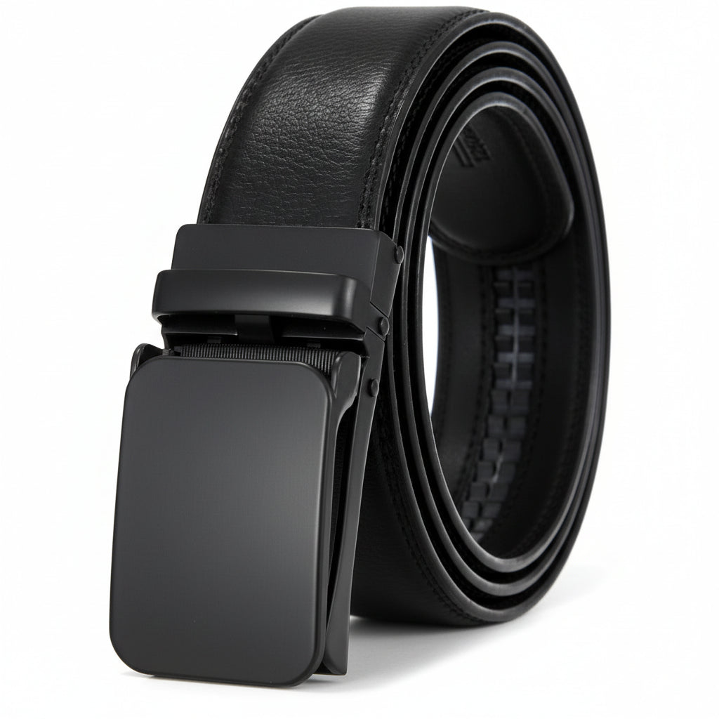 Ceinture homme Yves Lin 20 en cuir noir avec boucle automatique rectangulaire argentée et finition lisse.